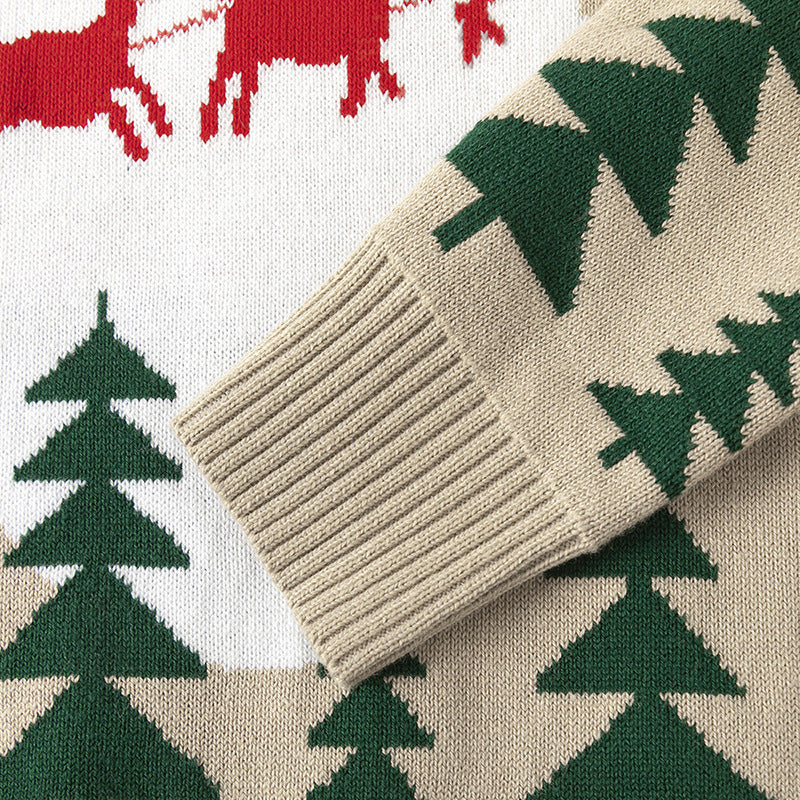 Close-up of knitted green tree pattern on beige Christmas sweater – beekaaboo.com
