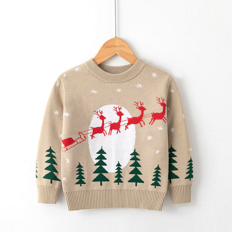 Beige Christmas sweater with red reindeer and pine trees – beekaaboo.com