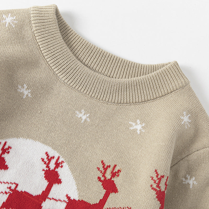 Beige Christmas sweater detail with reindeer and snowflake knit pattern – beekaaboo.com