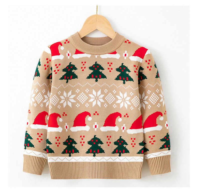 Beige Christmas sweater with Santa and bells knit design – beekaaboo.com