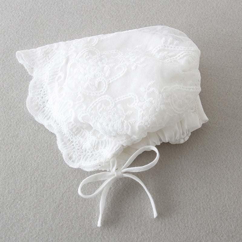 Matching lace bonnet close-up included with baptism dress set – beekaaboo.com