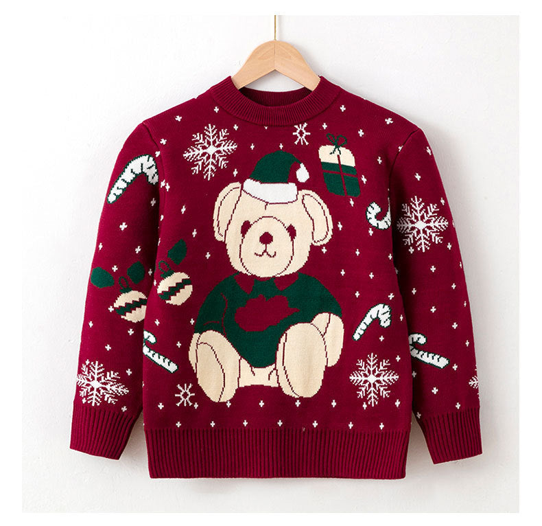 Burgundy Christmas sweater with teddy bear holding a present – beekaaboo.com