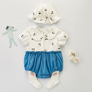 Cherry collar bubble romper set with matching hat for babies front view | beekaaboo.com