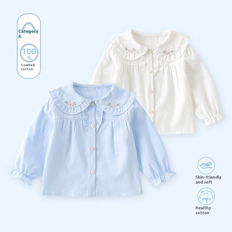 Embroidered floral baby doll collar shirts in blue and white – 100% cotton, soft and breathable | beekaaboo.com