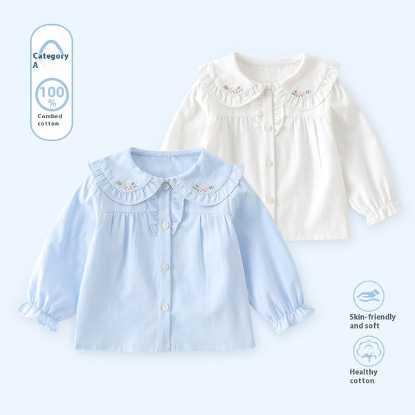 Embroidered floral baby doll collar shirts in blue and white – 100% cotton, soft and breathable | beekaaboo.com