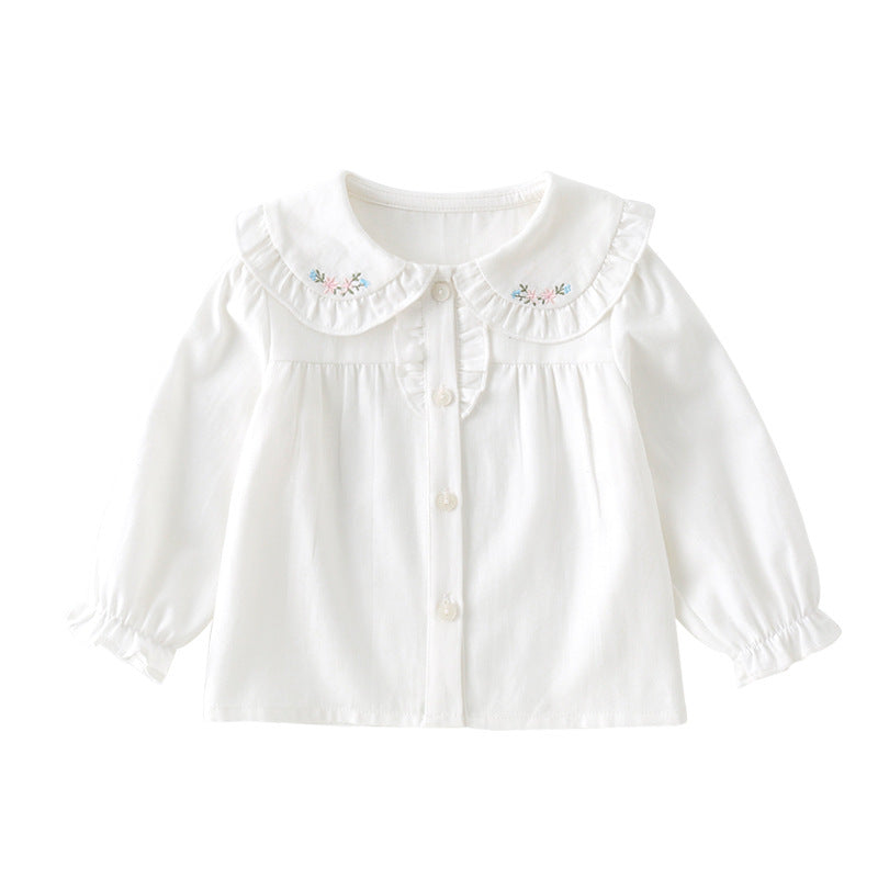 White embroidered baby shirt with ruffled collar – gentle on baby’s skin | beekaaboo.com