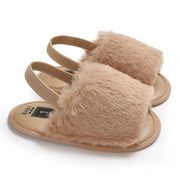 Brown fluffy toddler slingback sandals with soft faux fur – beekaaboo.com