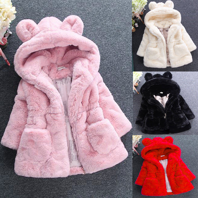 Girl’s faux fur hooded coat with ears – available in white, black, red, and pink – beekaaboo.com