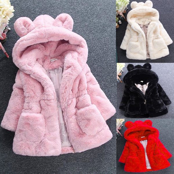 Girl’s faux fur hooded coat with ears – available in white, black, red, and pink – beekaaboo.com