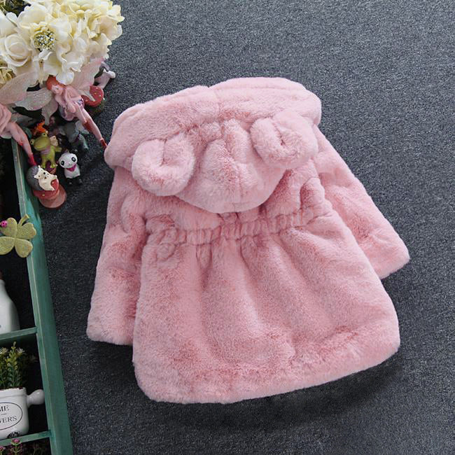 Girl’s faux fur hooded coat with ears – pink back view – beekaaboo.com