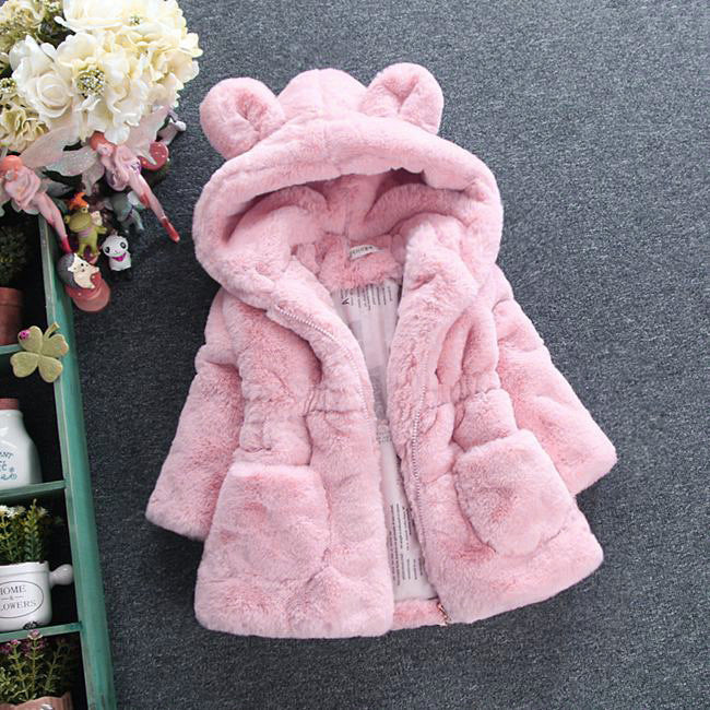 Girl’s faux fur hooded coat with ears – pink front view – warm winter jacket –beekaaboo.com