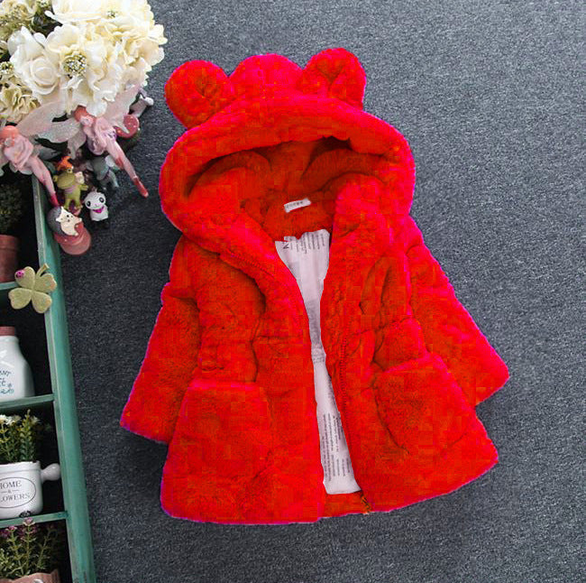 Girl’s faux fur hooded coat with ears – red front view – cozy winter jacket –beekaaboo.com