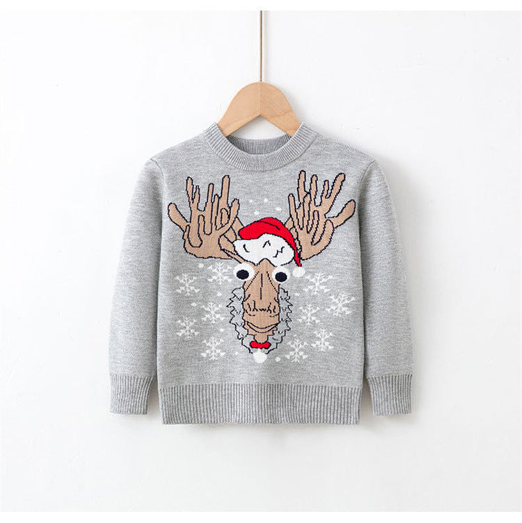 Grey Christmas sweater with reindeer wearing a scarf and bow – beekaaboo.com