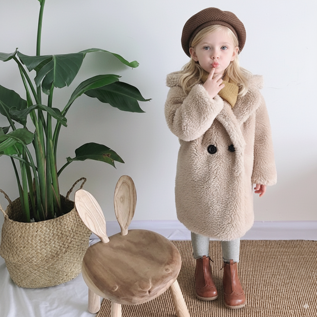 Girl wearing Elegant Kids Faux Fur Coat in Beige – Winter Fashion – beekaaboo.com
