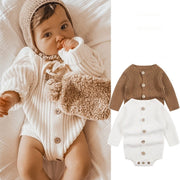 Knitted baby bodysuit in Cocoa Brown and Milky White