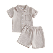 Light gray cotton muslin shirt and shorts set for babies and toddlers | beekaaboo.com
