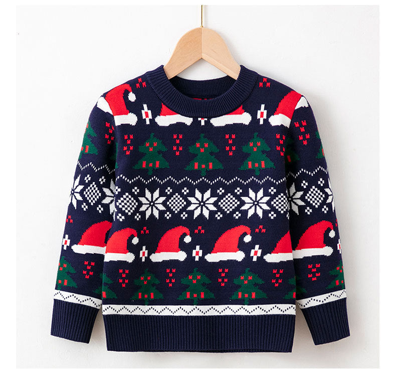 Navy Christmas sweater with colorful stockings pattern – beekaaboo.com