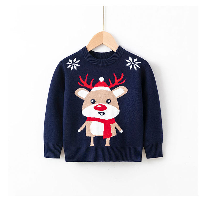 Navy Christmas sweater with reindeer wearing a bow tie – beekaaboo.com