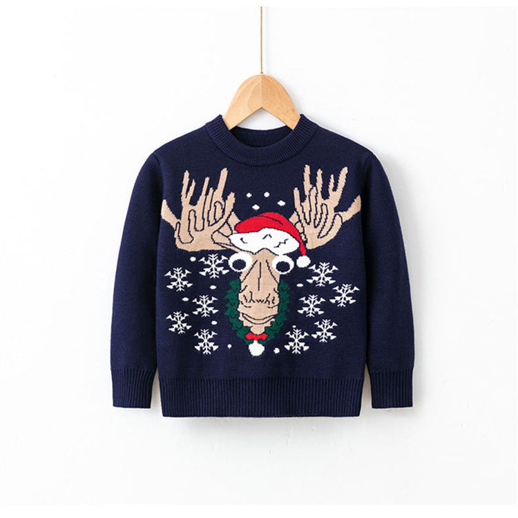 Navy blue Christmas sweater with reindeer wearing scarf and lights – beekaaboo.com