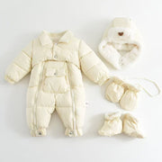 Cream padded winter baby jumpsuit set with hat and gloves beekaaboo.com