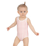 Pink striped kids swimsuit front view for babies and toddlers | beekaaboo.com