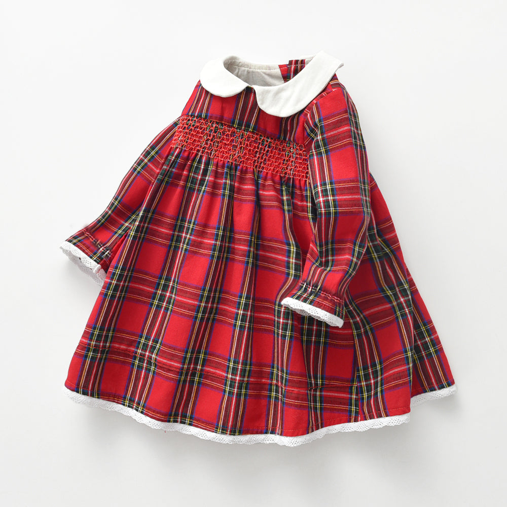 Front view of red plaid long-sleeve dress for girls – beekaaboo.com