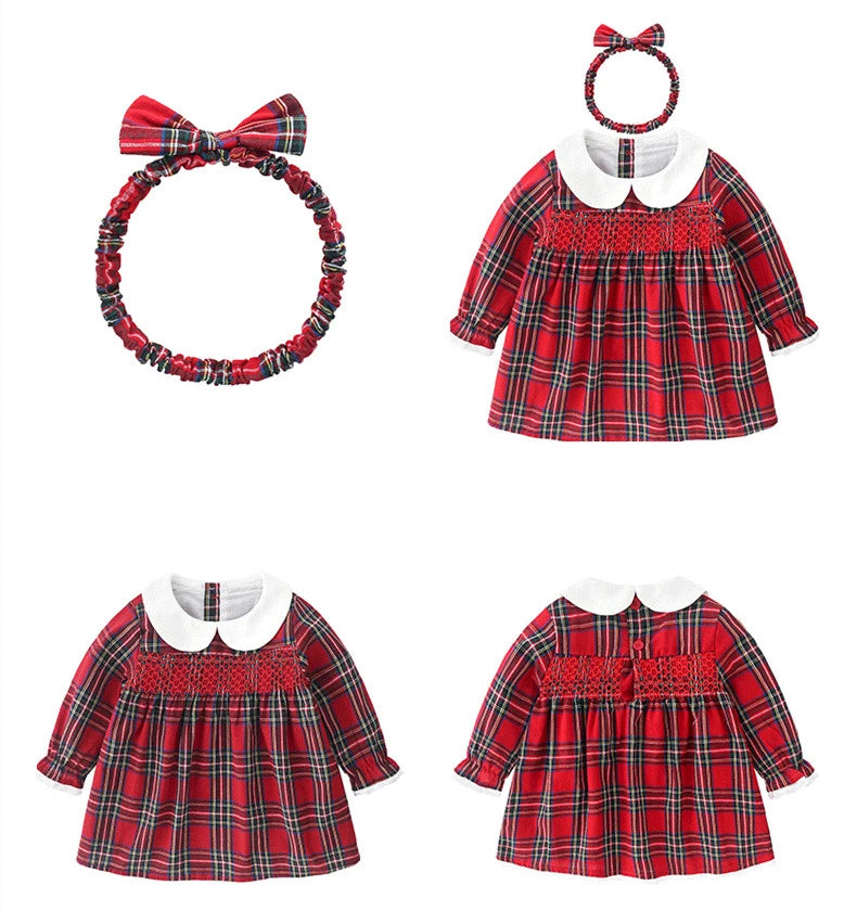 Baby girls plaid dress and matching headband flatlay – beekaaboo.com