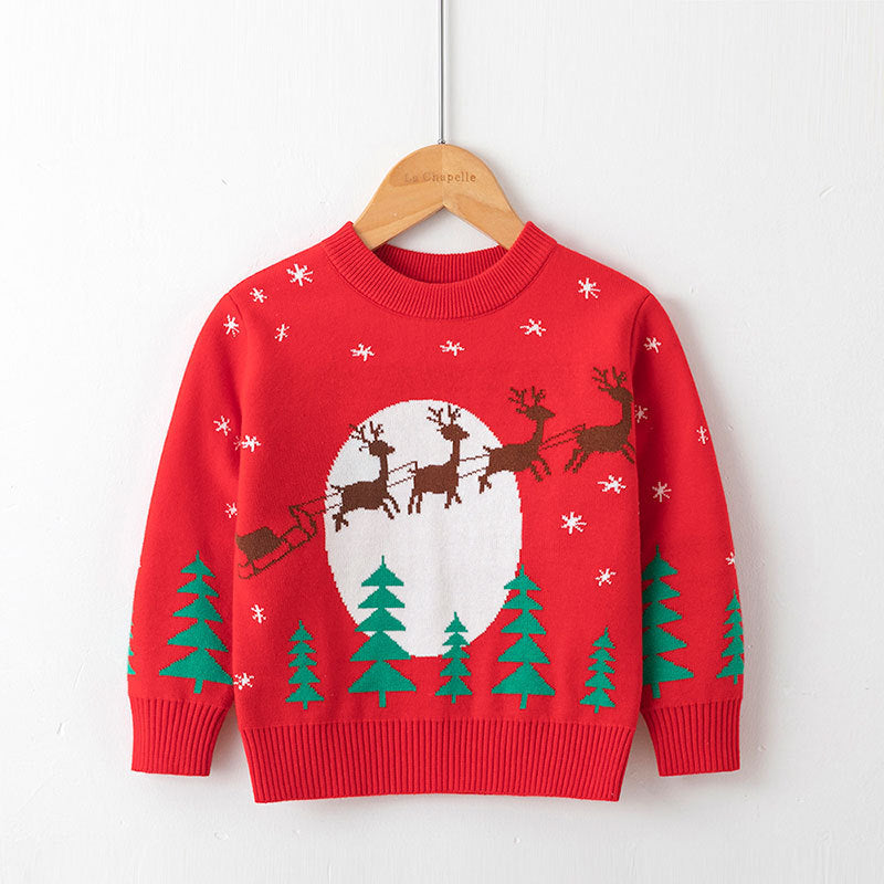 Red Christmas sweater with deer, trees, and moon design – beekaaboo.com