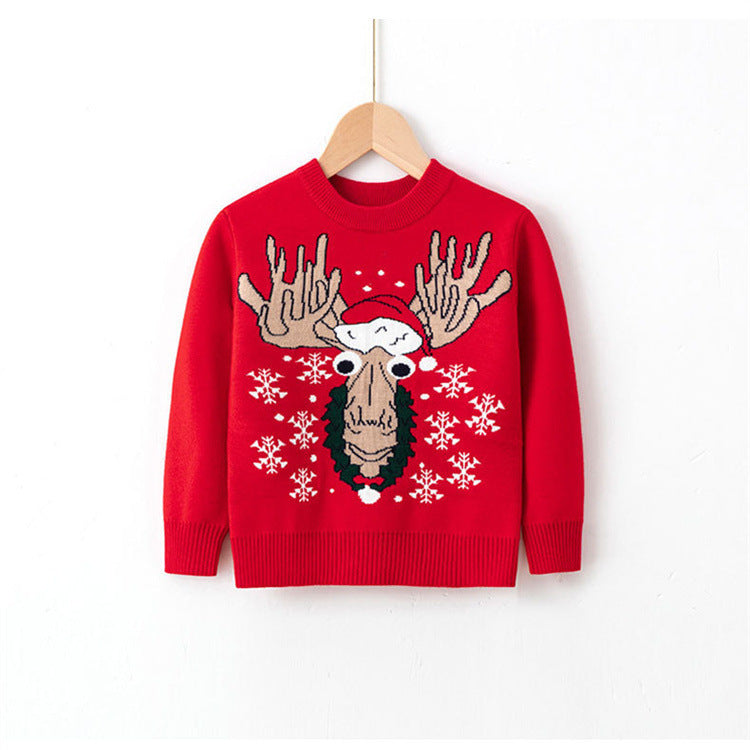 Red Christmas sweater with golden reindeer and snowflakes – beekaaboo.com