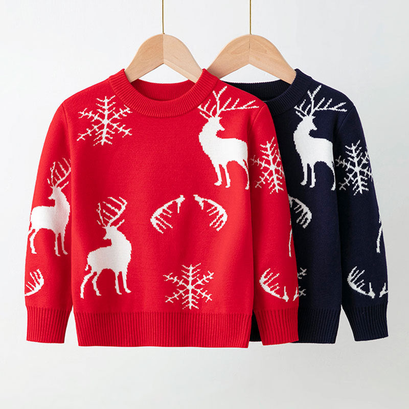 Red and navy Christmas sweater with white reindeer and snowflake pattern – beekaaboo.com