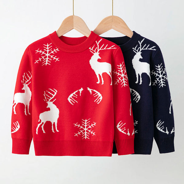 Red and navy Christmas sweater with white reindeer and snowflake pattern – beekaaboo.com