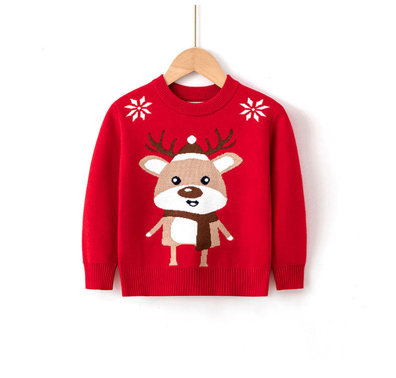 Red Christmas sweater with reindeer face and pompom nose – beekaaboo.com