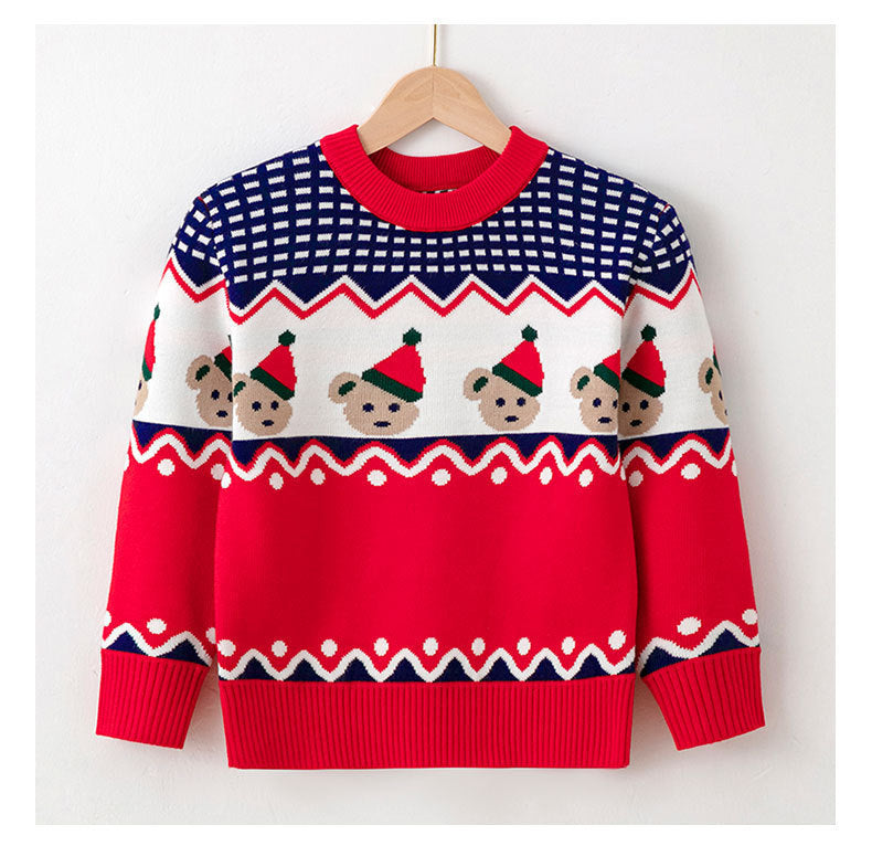 Red Christmas sweater with white and blue festive pattern – beekaaboo.com