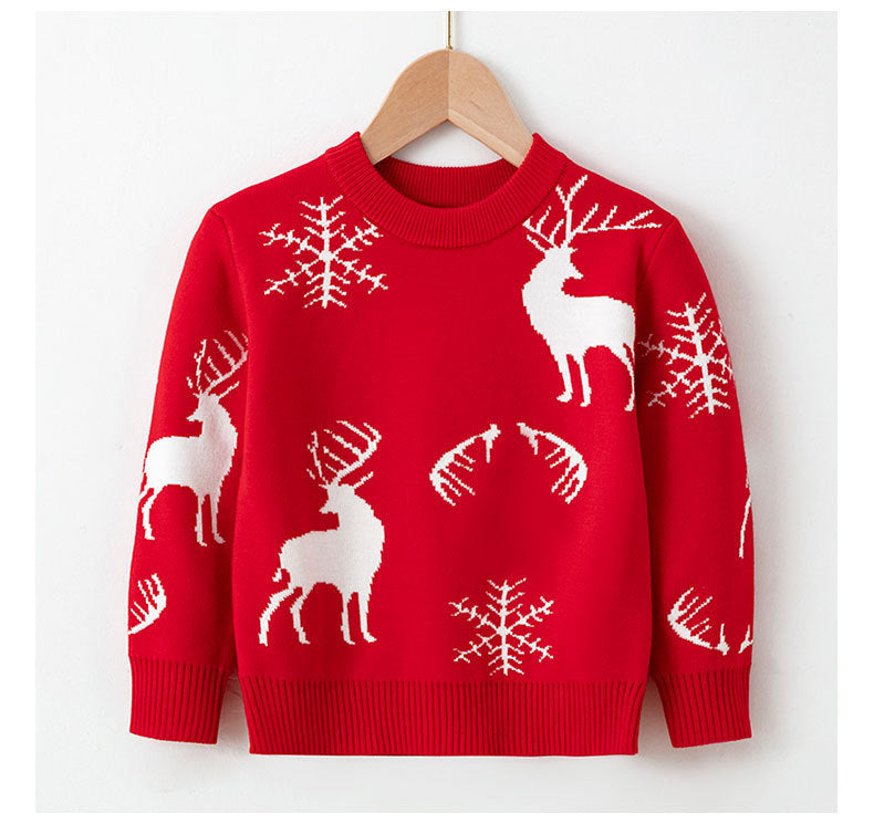 Red Christmas sweater with white reindeer and snowflakes – beekaaboo.com