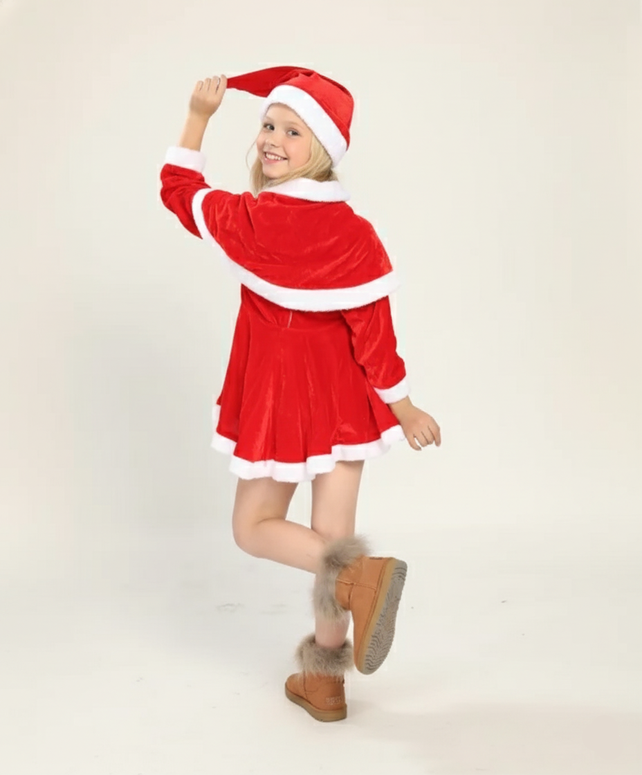Back view of red Santa Claus dress with cape and white trim | beekaaboo.com
