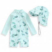 Long sleeve sea turtle print swim romper with matching sun hat | beekaaboo.com